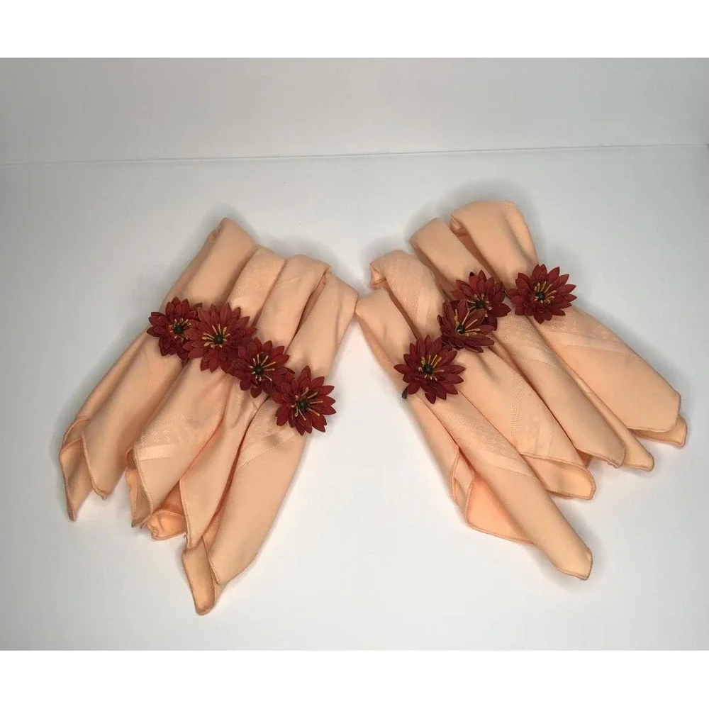 Vintage Style Floral Napkin Rings and Peach Cloth Napkins Boho Whimsical Cottage